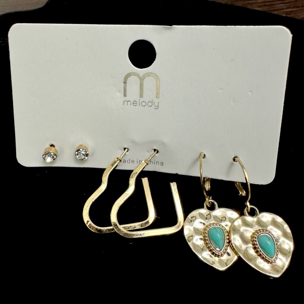 Gold Earring Set 4 Pairs Studs Hoops Heart Turquoise Statement Earrings NWT